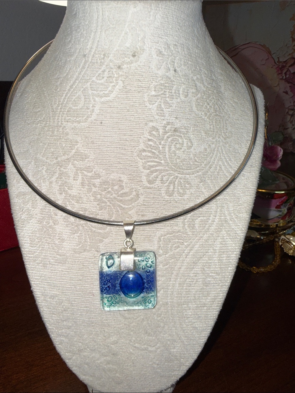 Handmade Blue Glass Pendant Necklace - Silver Choker
